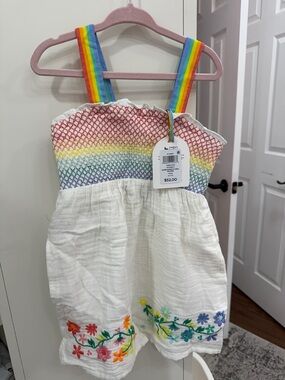 Girls' Rainbow Smocked Romper - White with Multicolor